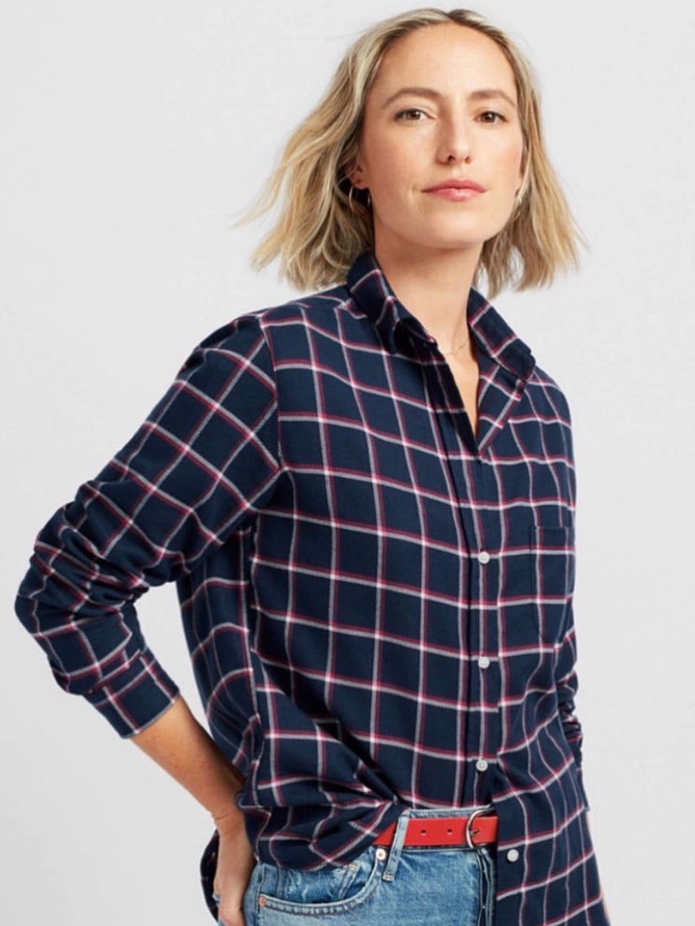 Grayson The Hero Button-Up Button Down Shirt Navy Red White Plaid Plush Flannel